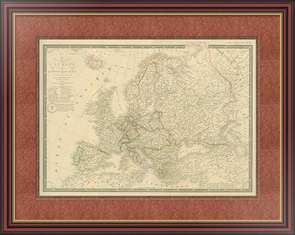Старинная карта Европы в раме под стеклом