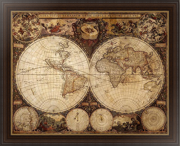 Древняя карта Мира в полушариях на холсте