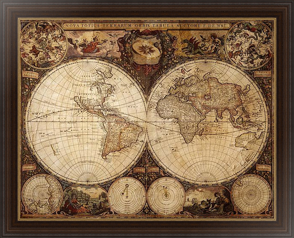 Древняя карта Мира в полушариях на холсте