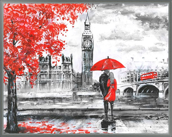 Пара под красным зонтиком в Лондоне на холсте