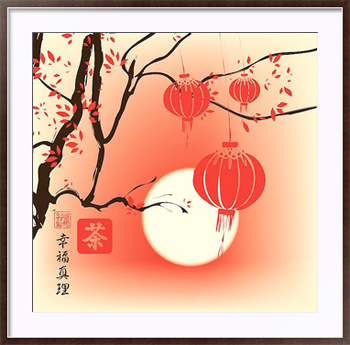 Картина под стеклом Китайский пейзаж с веткой дерева и бумажными фонарями