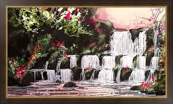 Картина в раме Многоступенчатый водопад в цветущем саду