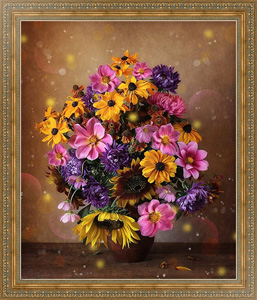 Постер в раме Натюрморт с осенними цветами в искрах света