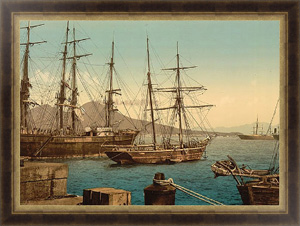 Ретро постер Италия. Корабли в порту Неаполя