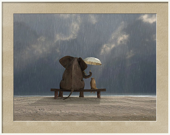 Картина под стеклом Слон и собака под зонтом