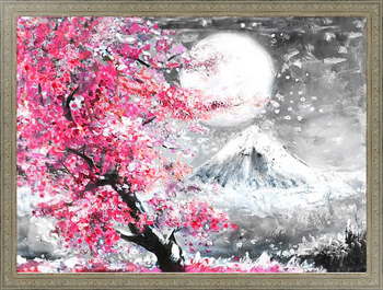 Картина под стеклом Японский пейзаж с сакурой и горой