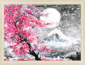 Постер на холсте Японский пейзаж с сакурой и горой