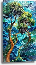 Постер Сергей Гундоров Динамичные абстрактные деревья с закрученными ветвями под звездным небом