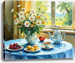 Постер Сергей Гундоров Сельский натюрморт с букетом, чайником и фруктами