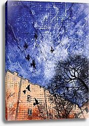 Постер Alina Fayzi Яркий городской пейзаж акварелью. Небо с облаками и птицы. Двор колодец