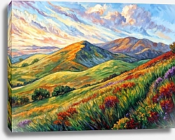 Постер Сергей Гундоров Пейзаж с цветущими холмами и ярким закатным небом