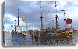 Постер Виктор Липников Морской пейзаж парусные корабли в гавани