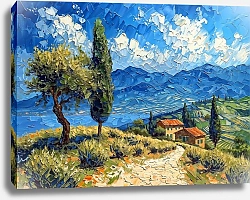 Постер Сергей Гундоров Горный пейзаж с деревьями, тропинкой и домиками