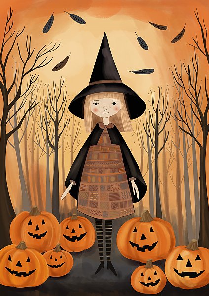 Хэллоуин, милая ведьмочка с тыквами