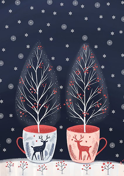 Кружки с оленями с зимними деревьями тёмный фон