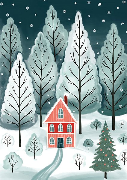 Новогодняя иллюстрация с домиком в лесу