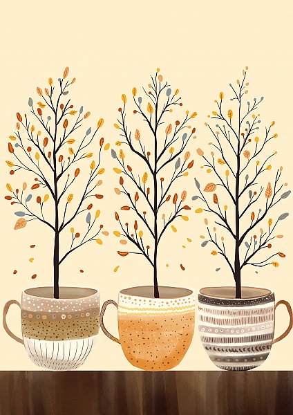 Иллюстрация с осенними деревьями и чашками