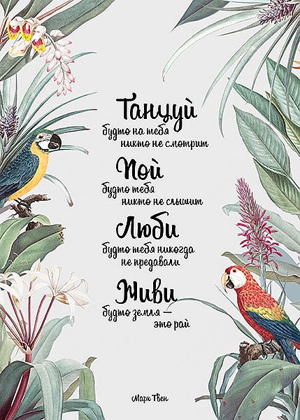 Постер с цитатой Марка Твена и попугаями