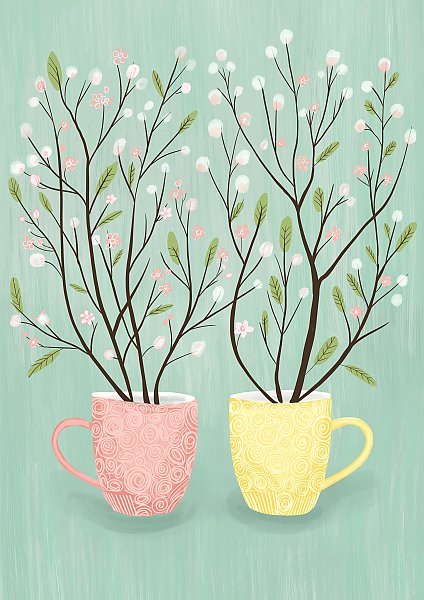 Иллюстрация с весенними цветущими деревьями и чашками