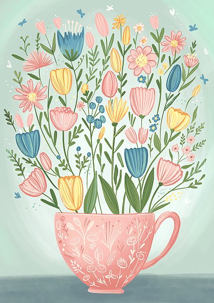 Весенний букет цветов в розовой чашке.