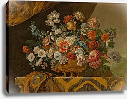 Постер Кастилс Питер Tulips, poppies, roses, anemones and other flowers in an urn, on a draped stone ledge