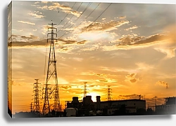 Постер Линия электропередачи на фоне города на закате