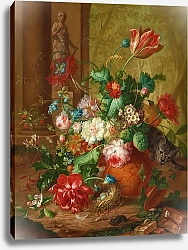 Постер Редиг Джон Кристиан Blumenstillleben mit Steinskulptur, Katze und Maus