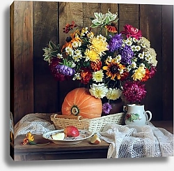 Постер Осенний натюрморт в деревенском стиле с тыквами и букетом