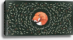 Постер Маленькая спящая лиса, окруженная опавшими листьями и ягодами