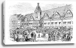 Постер City Hall and market place in Leipzig, Germany, vintage engraving