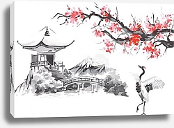 Постер Japan traditional sumi-e painting. Fuji mountain, sakura, sunset. Japan sun. Indian ink vector illustration. Japanese picture.