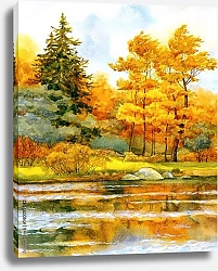 Постер Золотой осенний лес у озера