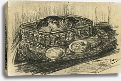 Постер Мигем Юджин Ван Een studie van een slapende kat, liggend in haar mand. Voor de mand staan 2 bordjes voor melk of eten.