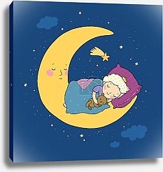 Постер The little prince is sleeping on the moon. Cute cartoon boy in bed
