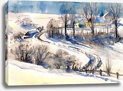 Постер Зимний пейзаж с деревенской дорогой