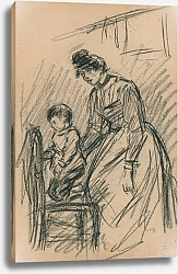 Постер Мигем Юджин Ван Staande vrouw die haar arm beschermend op een kind dat op de stoel rechtstaat,legt.