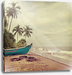 Постер Тропический пляж с лодкой и пальмами