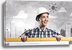 Постер Девушка-строитель со строительной линейкой