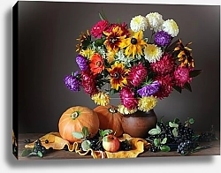 Постер Осенний натюрморт с цветами и фруктами.