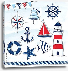 Постер Морские элементы: лодка, колокольчик, спасательный круг, маяк, якорь