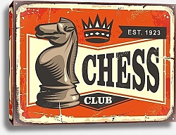 Постер Шахматный клуб, винтажная вывеска шахматной фигурой
