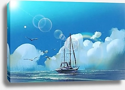 Постер Парусник в море под большими облаками