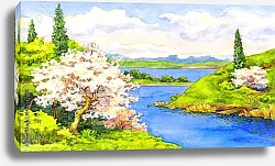 Постер Весенний пейзаж с рекой и цветущими деревьями