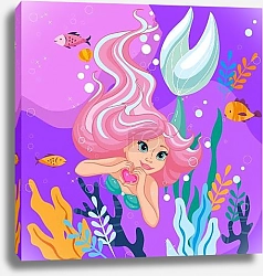 Постер Beautiful mermaid. Cute mermaid with a heart. Pink hair