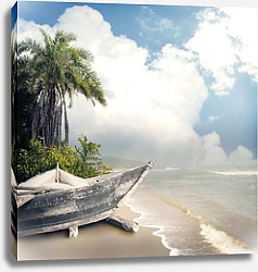 Постер Тропический пляж с лодкой и пальмами 2
