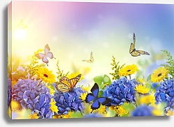Постер Солнечный сад с жёлтыми и синими цветами и бабочками