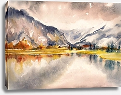 Постер Осенний пейзаж с горным озером, акварель