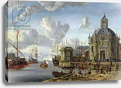 Постер Шторк Абрахам A capriccio Mediterranean harbour with a galley at anchor