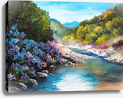Постер Горная река, цветы возле скалы