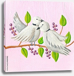 Постер Два белых голубка на ветке с ягодами